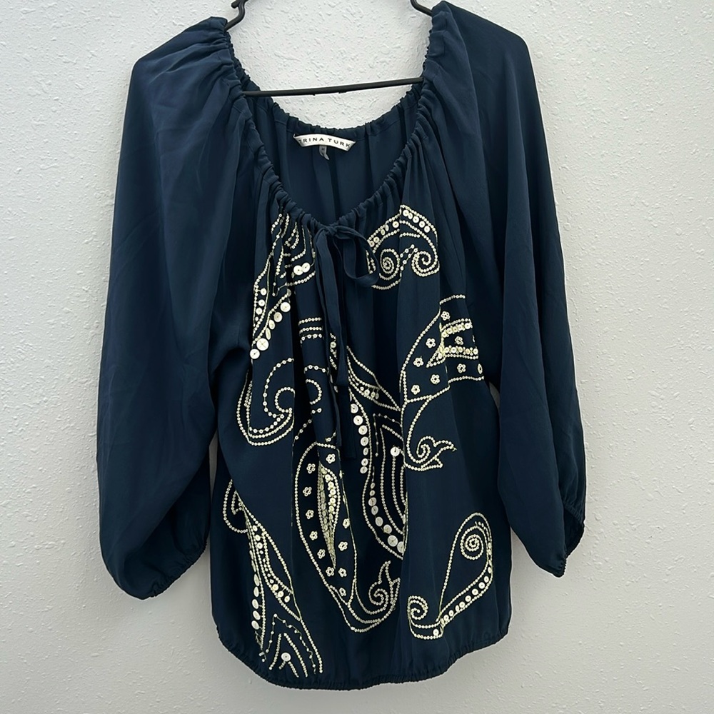 Trina Turk Women's Paisley Print 3/4 Sleeve Top Blue Size Medium